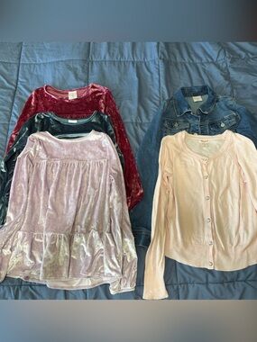 Girls size 12 Velvet Long Sleeve Tops, Jean Jacket, Light Pink Cardigan Bundle